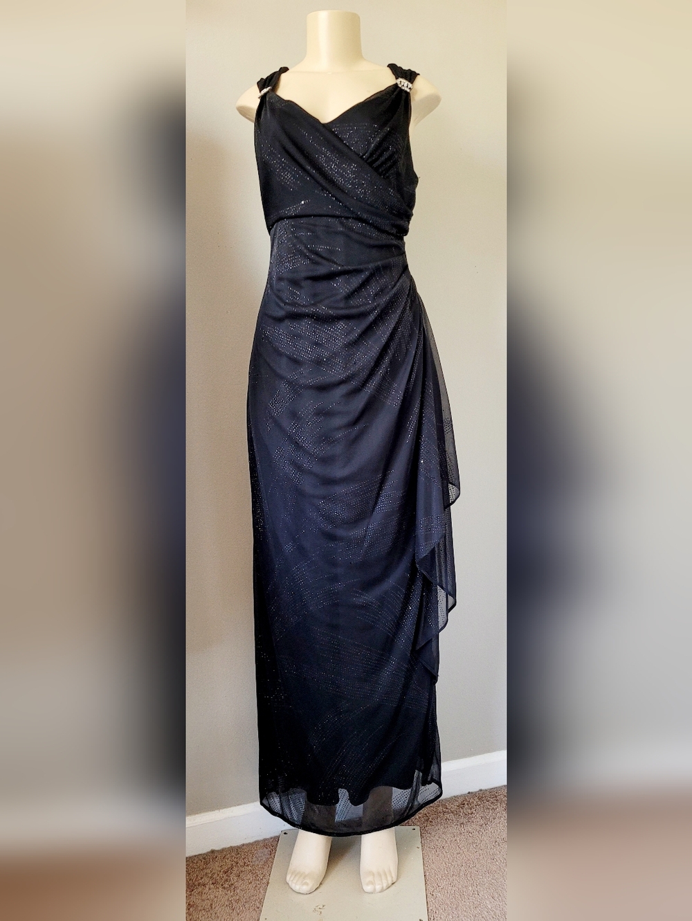 R&M Richards Black Sparkle Chiffon Draped Maxi Gown Rhinestone Clips 12